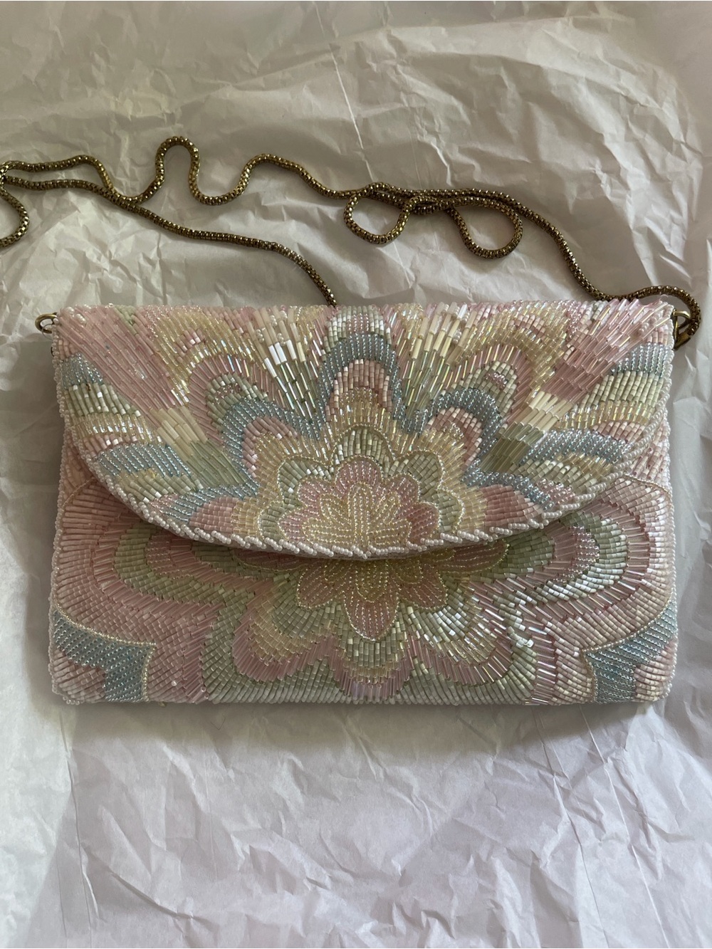 Pastel Beaded Floral Evening Clutch with Gold Chain Strap